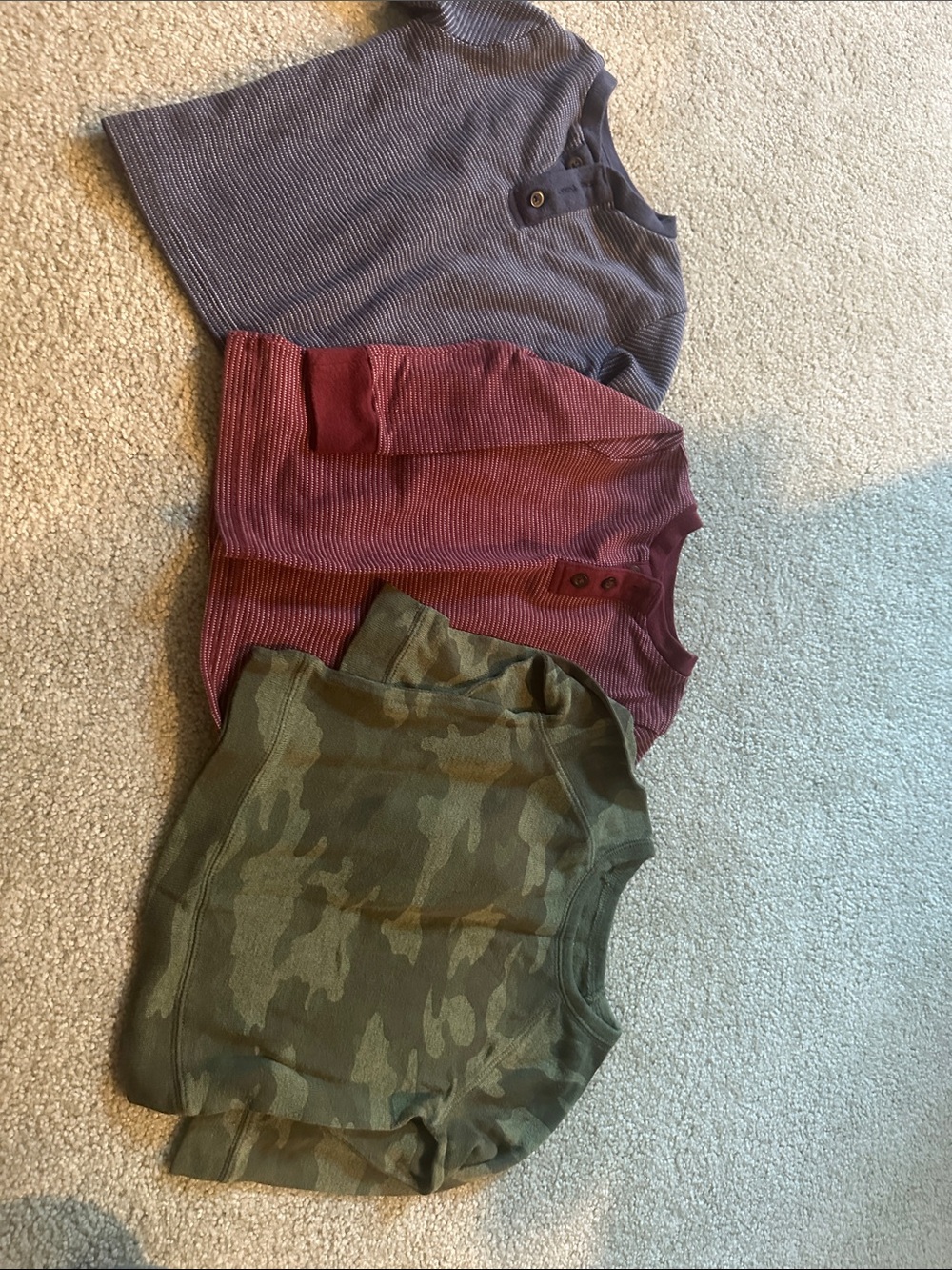 Kids Long-Sleeve Henley Tops - Burgundy, Olive Camo, Heather Blue